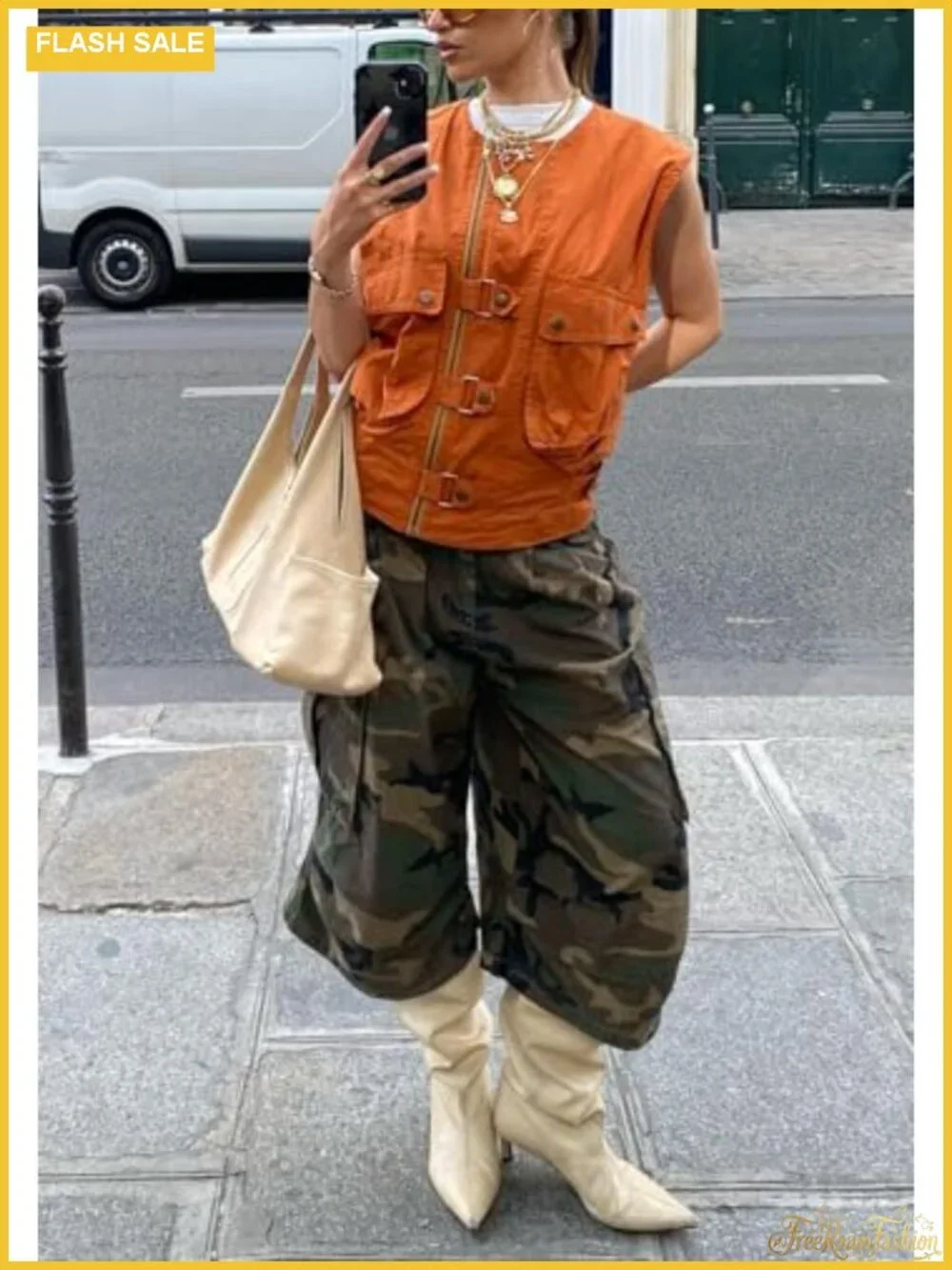 Women's Camo Cargo Jeans Baggy Wide Leg High Waist Capris Camouflage Trousers